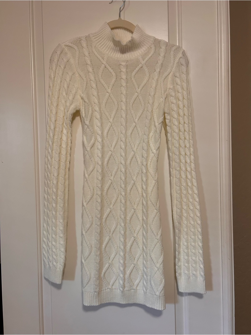 Cream Cable Knit Mock Neck Open Back Sweater Dress